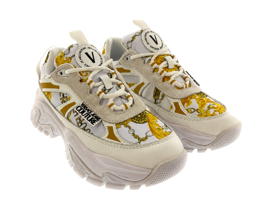 Versace Jeans Couture Womens Chunky White Print Sneakers with Gold Chain Motif