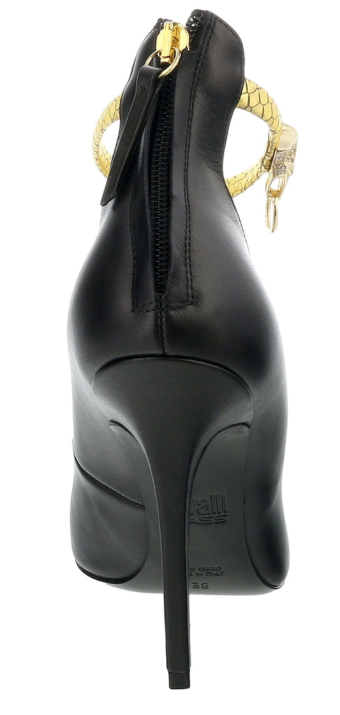 Roberto Cavalli Class  Black/Gold Leather Ankle Strap High Heel  Pump-