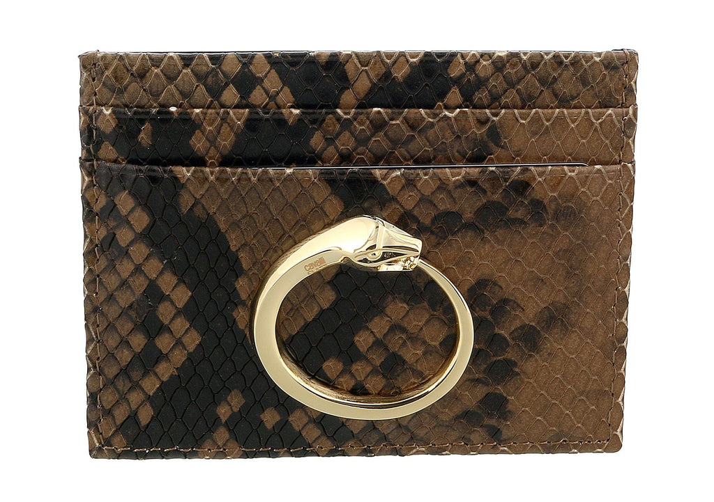 Roberto Cavalli Class Taupe Millie Deluxe Snake Textured Credit Card Holder
