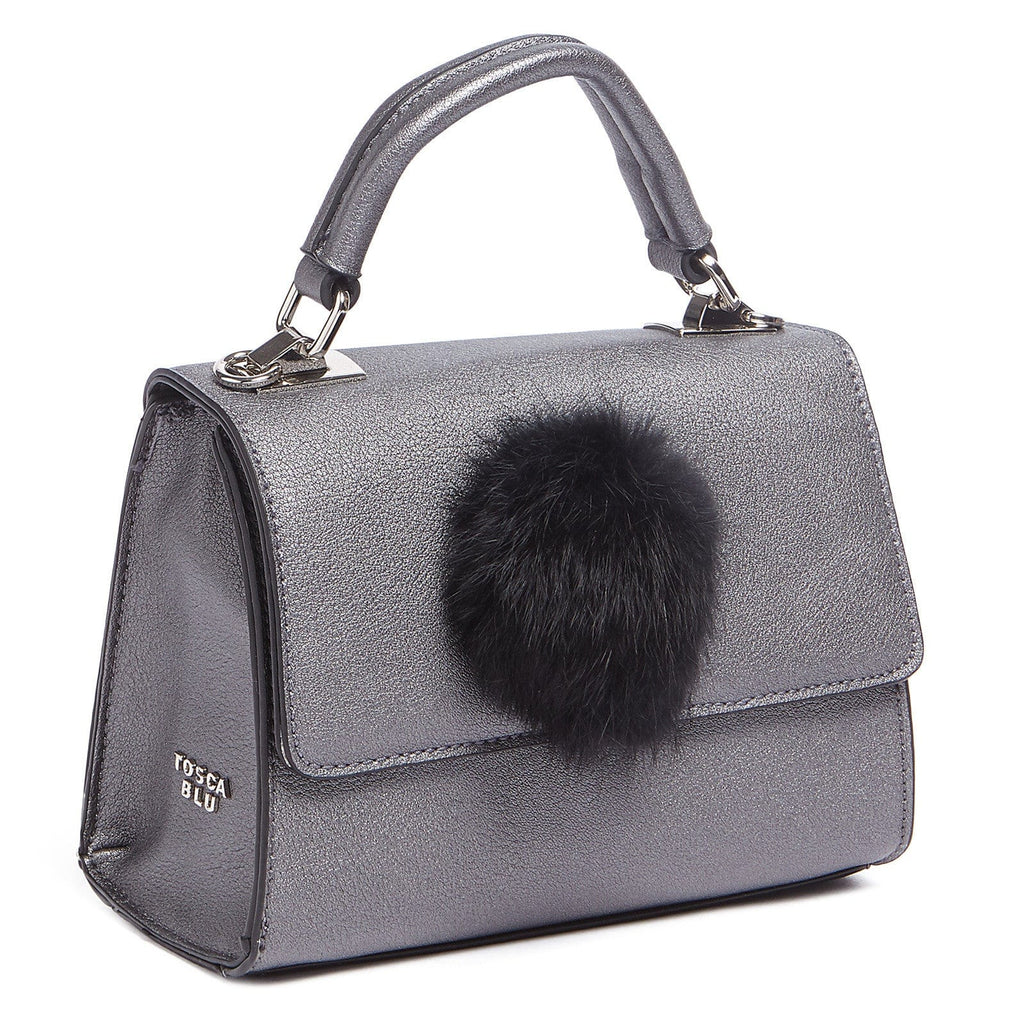 Tosca Blu Grey Small Pon Pon Faux Fur Flap Top Handle Bag