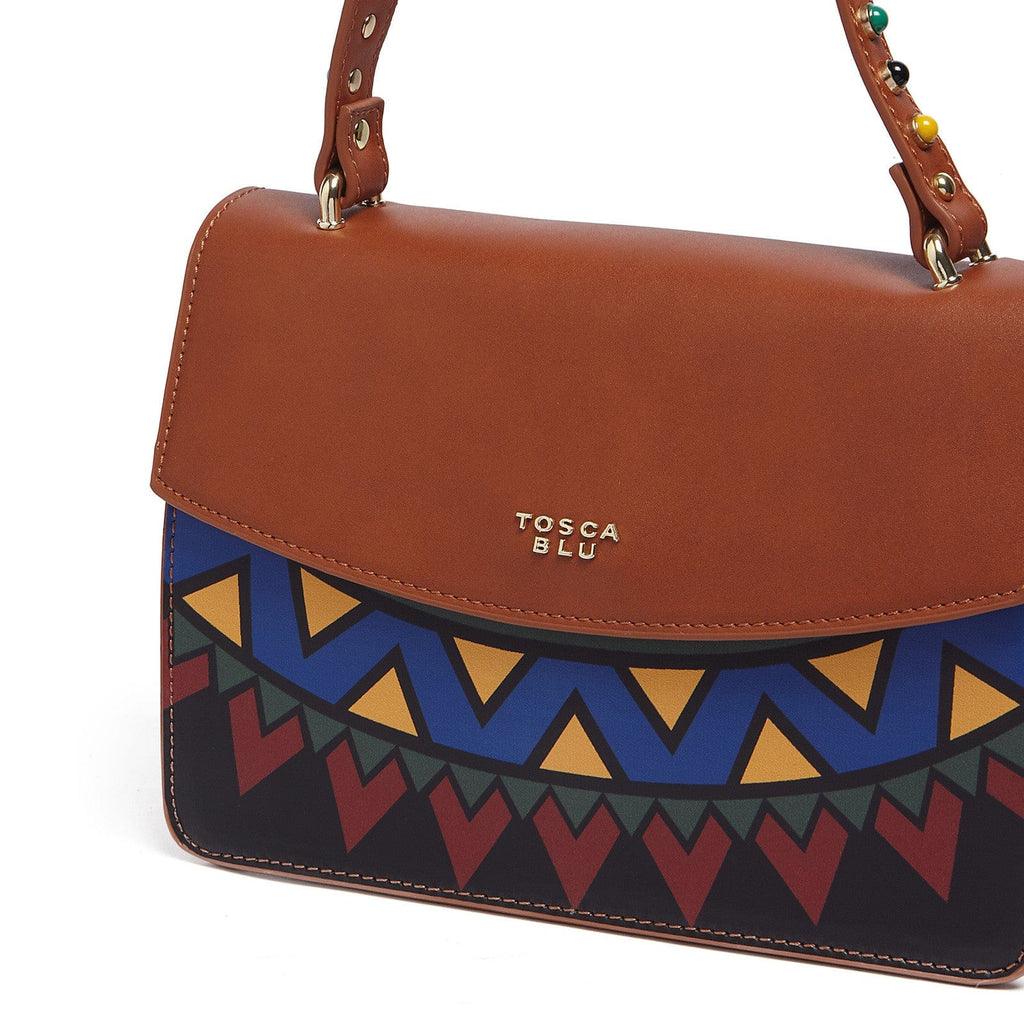 Tosca Blu Tan Medium Multicolor Bead Flap Shoulder Bag