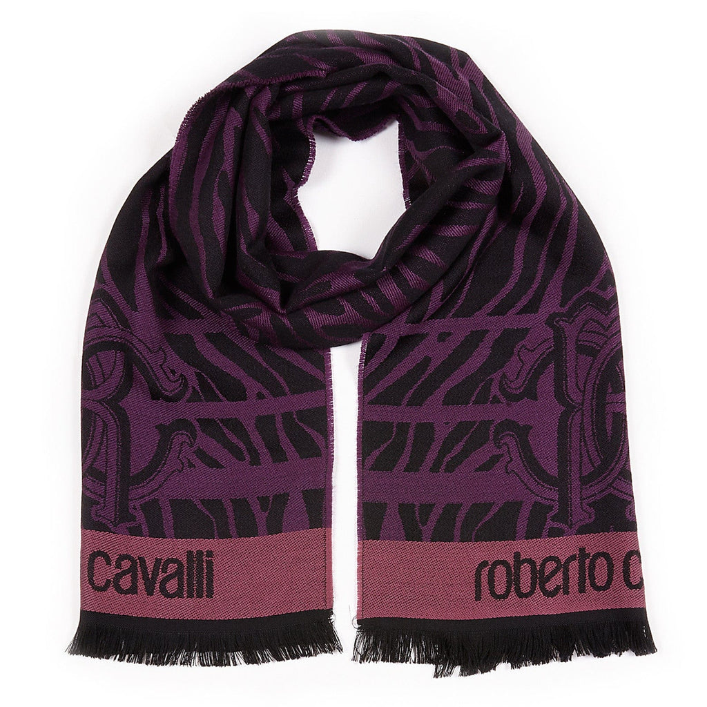 Roberto Cavalli ESZ057 03000 Purple Wool Blend Tiger Print Mens Scarf