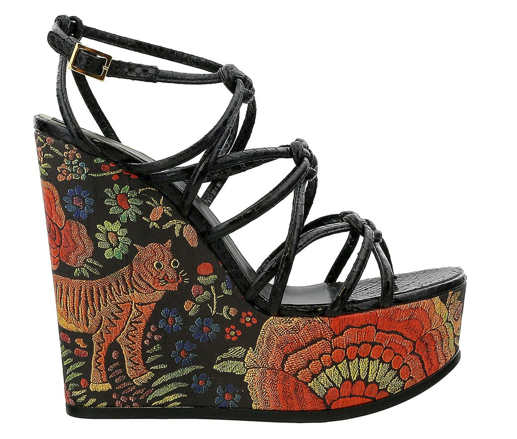 Roberto Cavalli Black Embroidered Heel Wedge Sandal-