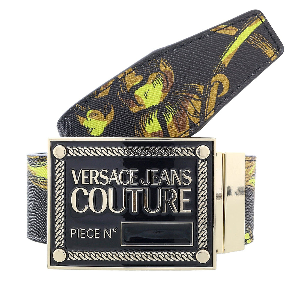 Versace Jeans Couture Black/Gold Leather Baroque Print Signature Plate Buckle-Adjustable Reversible Belt