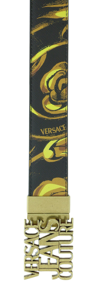 Versace Jeans Couture Black/Gold Leather Baroque Print Signature Buckle-Adjustable Reversible Belt