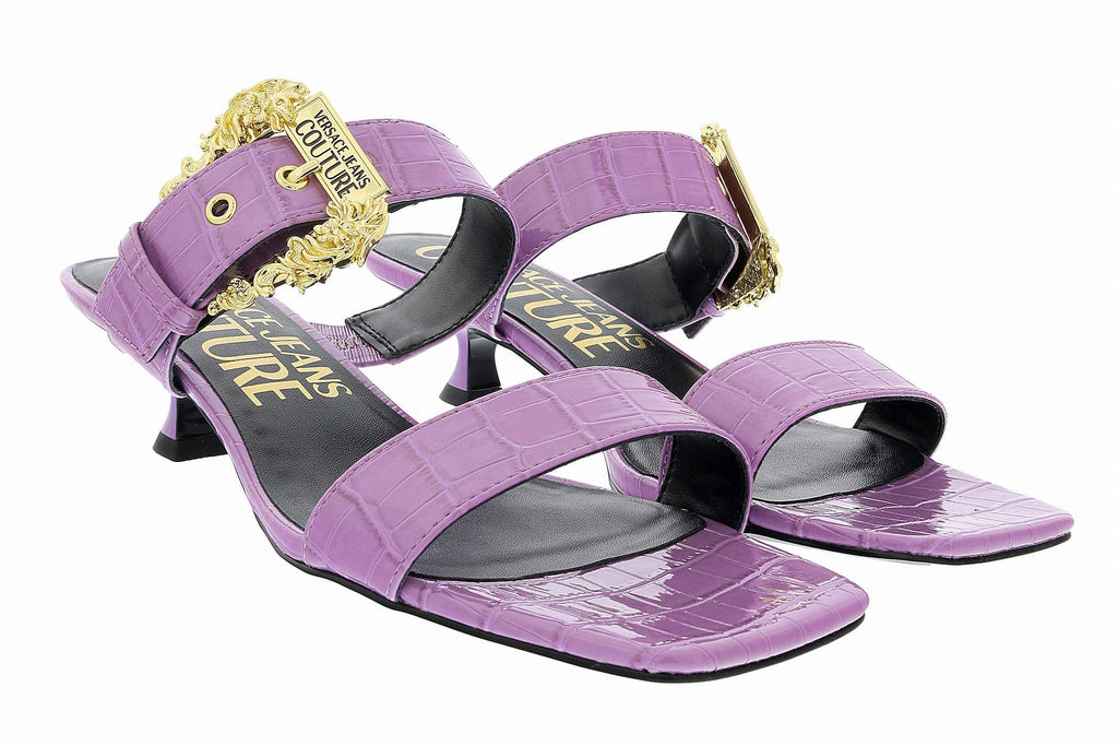 Versace Jeans Couture Lavender Kitten Heel Strappy Baroque Buckle Mules-6