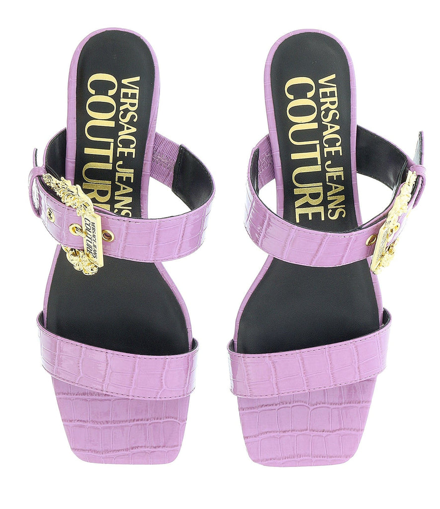 Versace Jeans Couture Lavender Kitten Heel Strappy Baroque Buckle Mules
