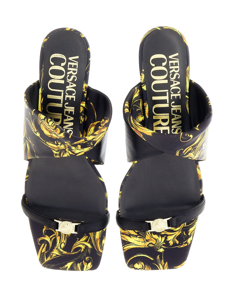 Versace Jeans Couture Black/Gold Kitten Heel Strappy Baroque  Mules