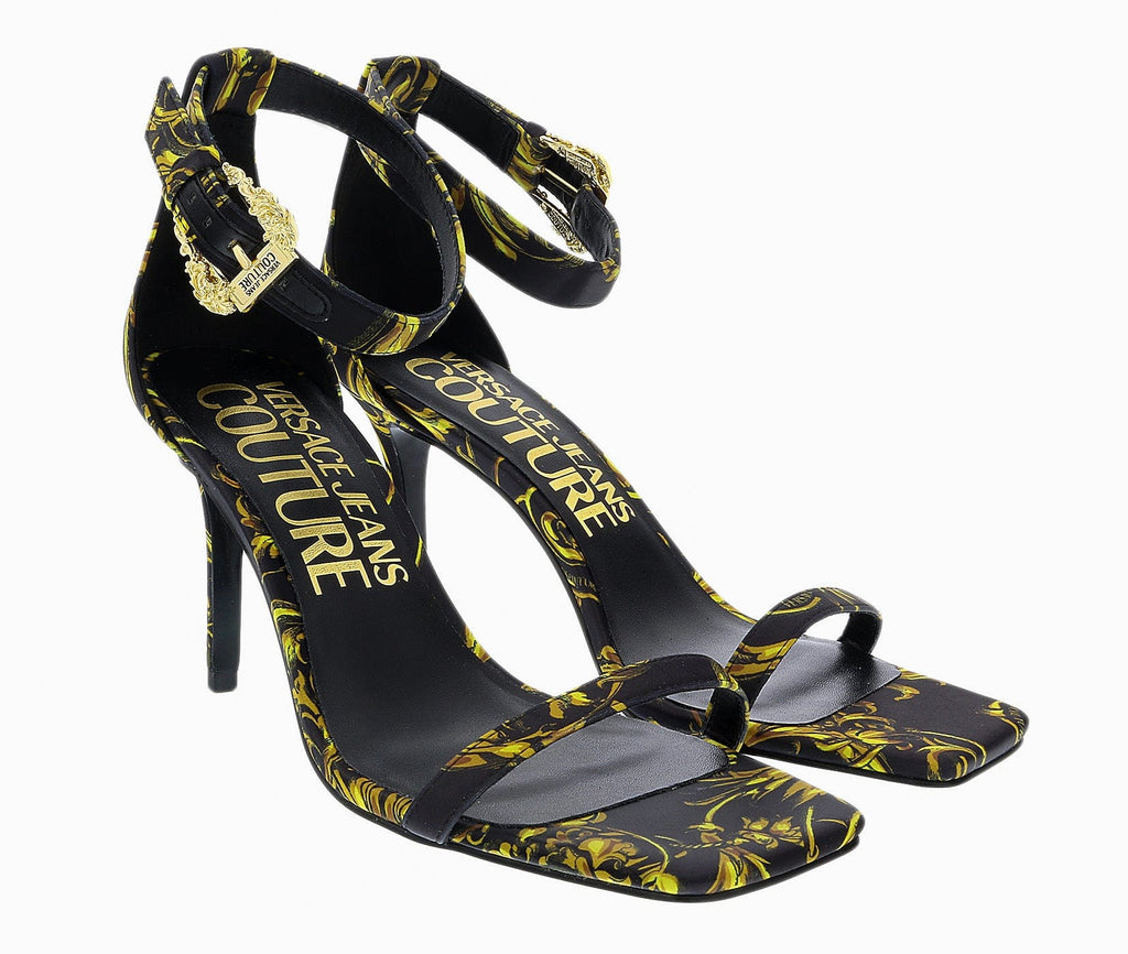 Versace Jeans Couture Black/Gold High Heel Baroque Print Ankle Strap Sandal