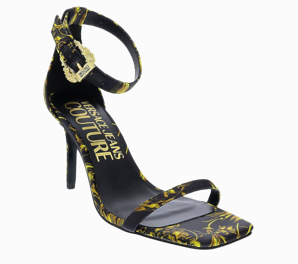 Versace Jeans Couture Black/Gold High Heel Baroque Print Ankle Strap Sandal