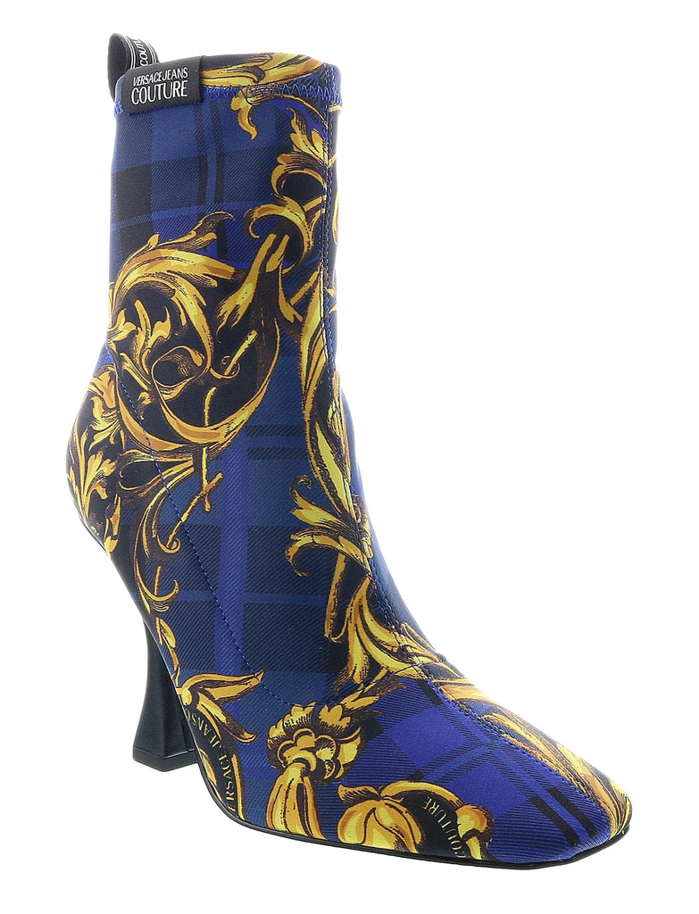 Versace Jeans Couture Blue High Heel Baroque Print Ankle Boots-