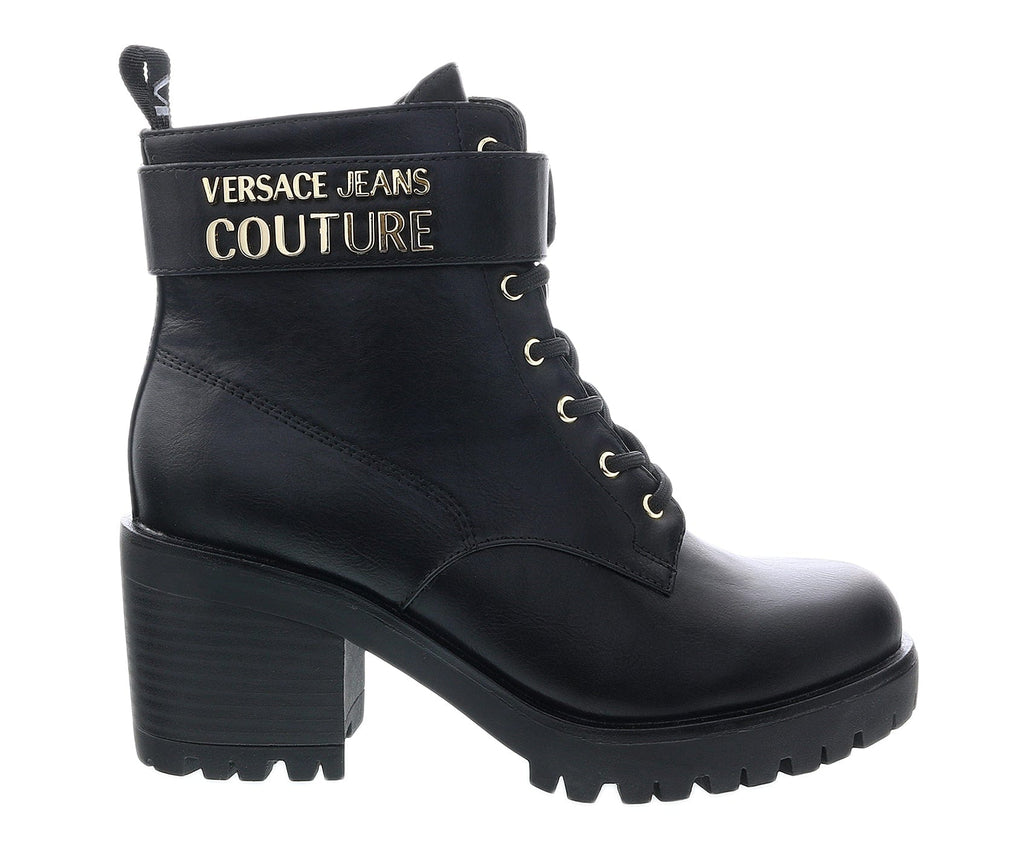 Versace Jeans Couture Black Block Heel Lace Up Combat Boots-