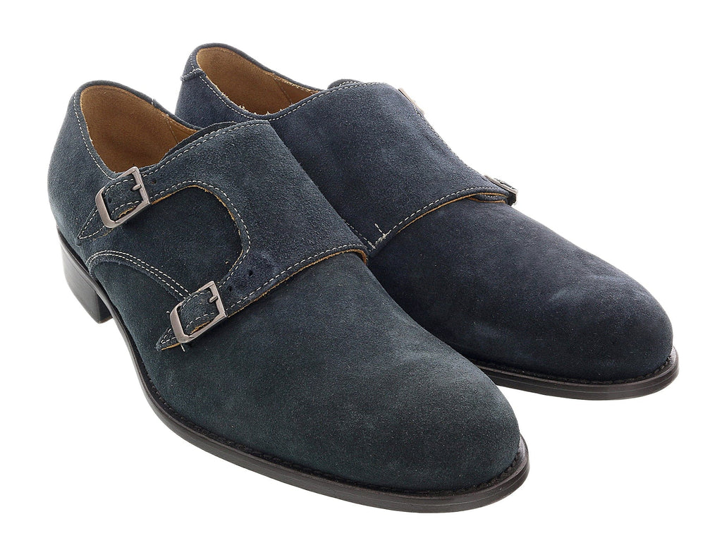 DANIELA FARGION Blue Leather Suede Double Monk Distressed Strap Shoes-10