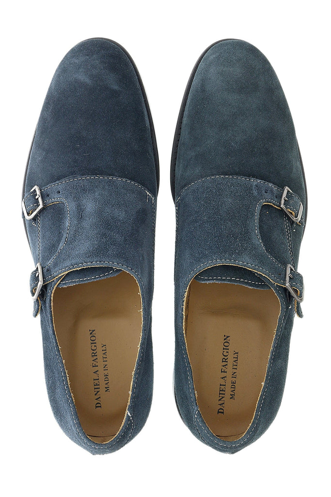 DANIELA FARGION Blue Leather Suede Double Monk Distressed Strap Shoes-