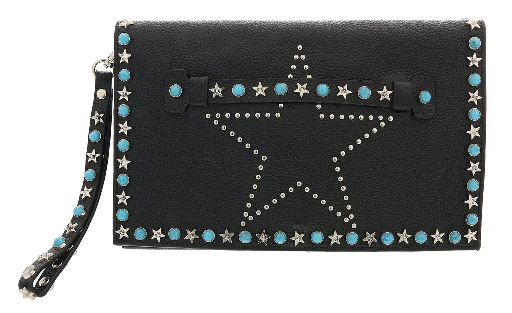 Daniela Fargion Black Turquoise Leather Star Studded Wristlet/Pouch Clutch