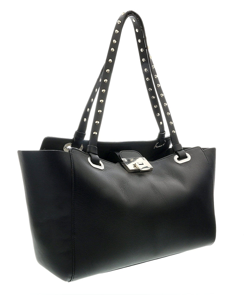 Daniela Fargion Black  Leather Studded Handle Medium Shopper Tote Bag