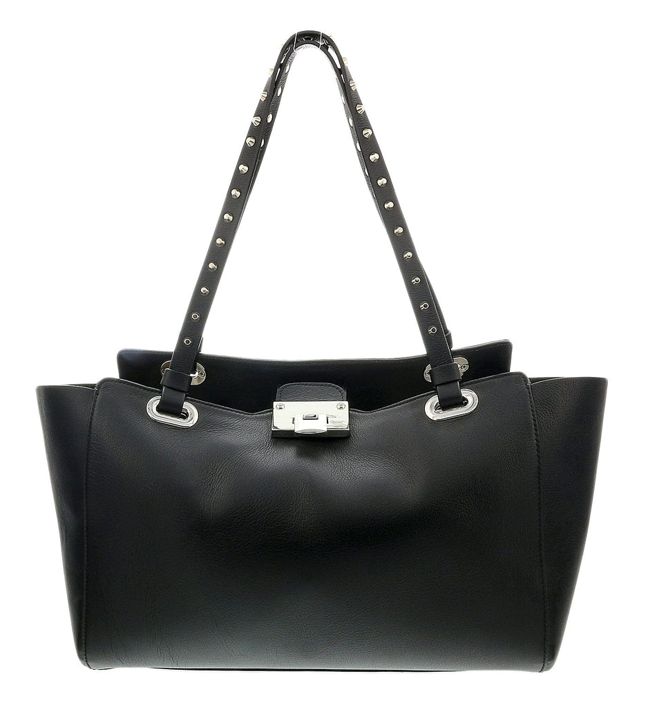 Daniela Fargion Black  Leather Studded Handle Medium Shopper Tote Bag