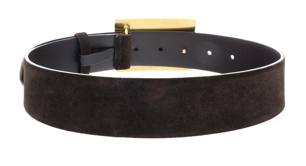 Miu Miu Brown Gold Crest Flip Closure Buckle Suede Belt-