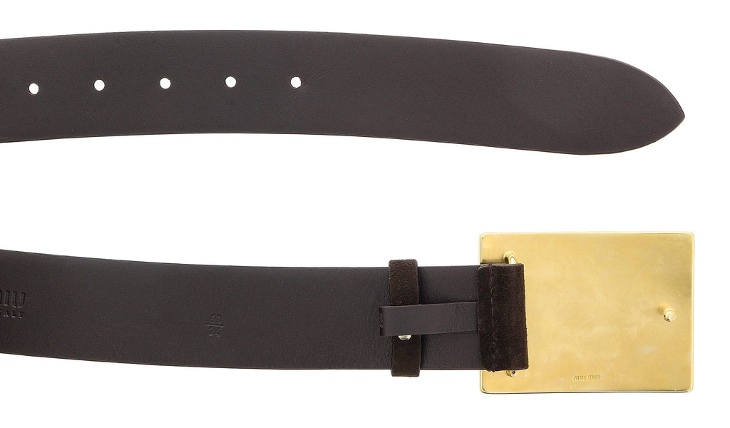 Miu Miu Brown Gold Crest Flip Closure Buckle Suede Belt-