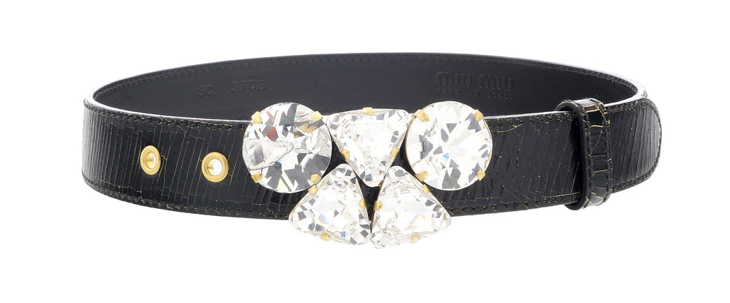 Miu Miu Black Crystal Gold Crackled Leather Finish Crystal Buckle  Belt-