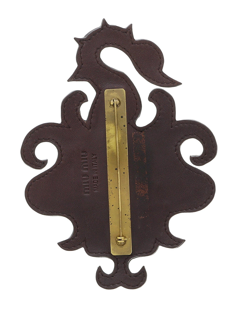 Miu Miu Brown Leather Swan Crest Brooch Pin-One Size