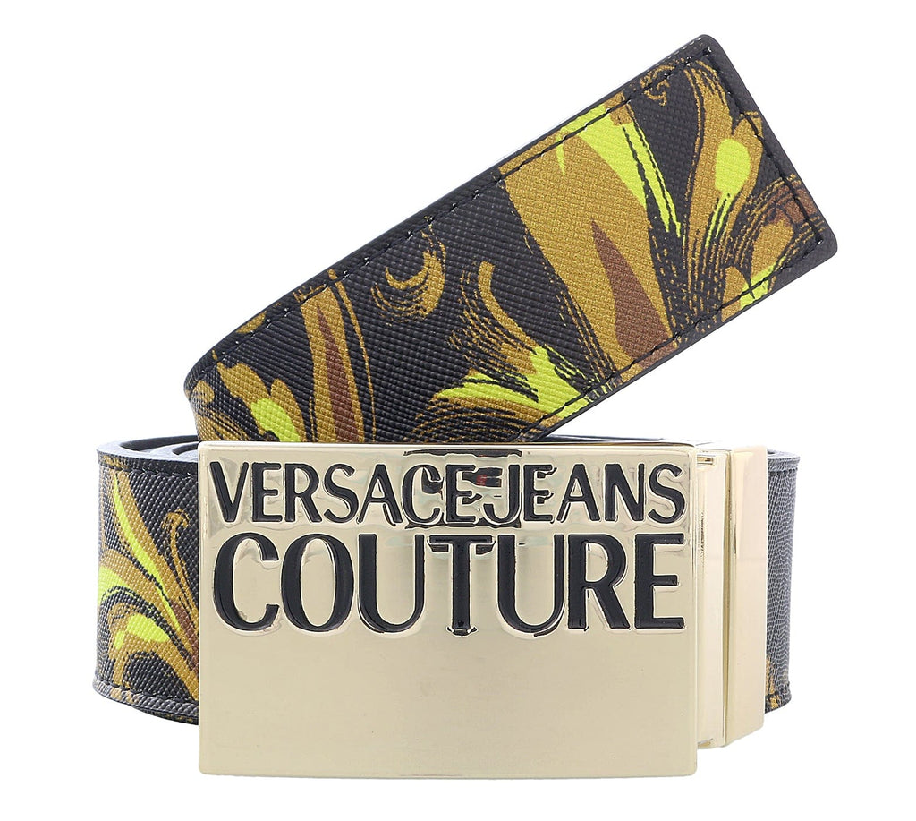 Versace Jeans Couture Black Leather Signature Baroque Print Gold Buckle  Adjustable Reversible Belt