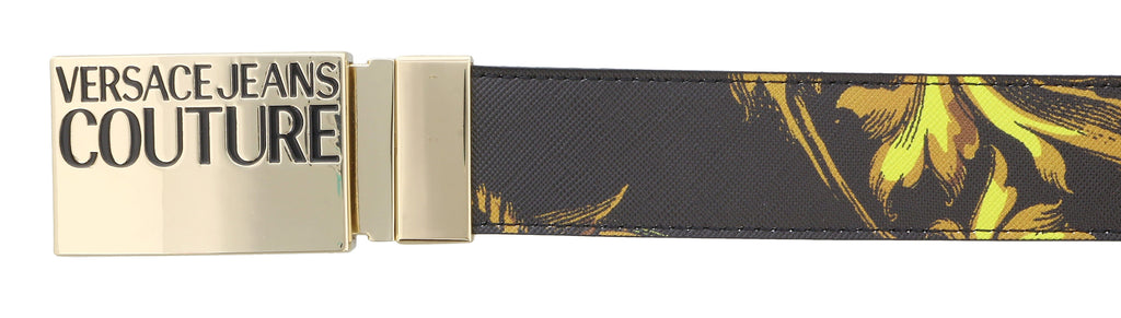 Versace Jeans Couture Black Leather Signature Baroque Print Gold Buckle  Adjustable Reversible Belt