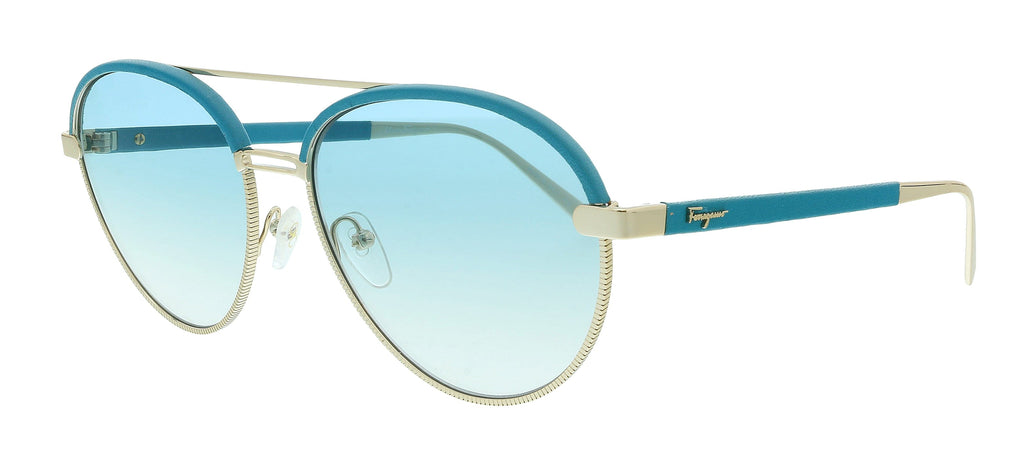 Salvatore Ferragamo  Gold/Turquoise Leather Aviator Sunglasses