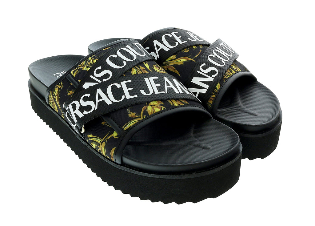 Versace Jeans Couture Black Gold Baroque Print Wide Strap Sandals-9