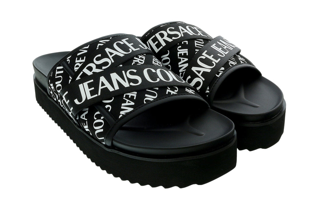Versace Jeans Couture Black White Signature Print Wide Strap Sandals-12