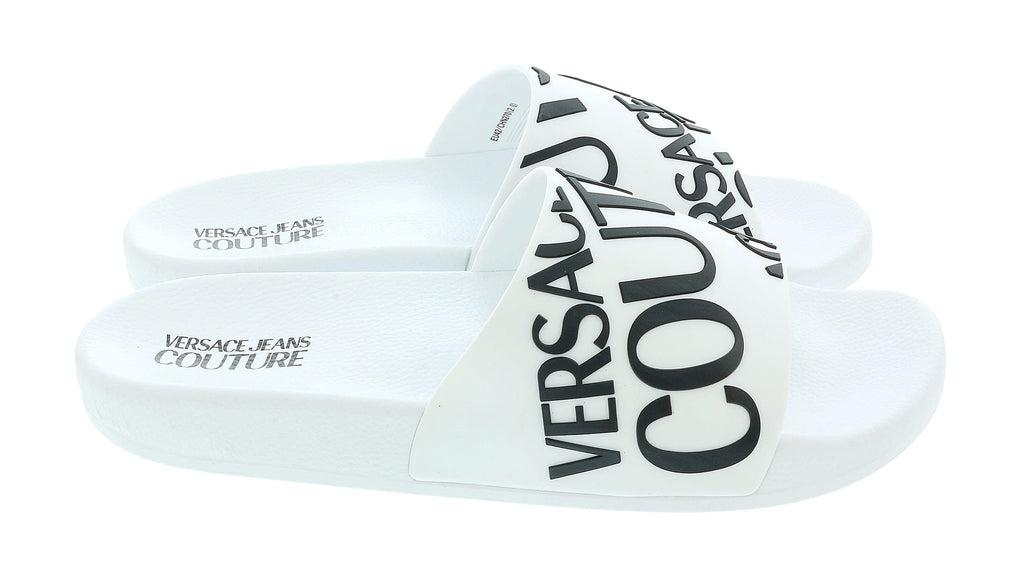 Versace Jeans Couture White  Signature Print Wide Strap Slide-