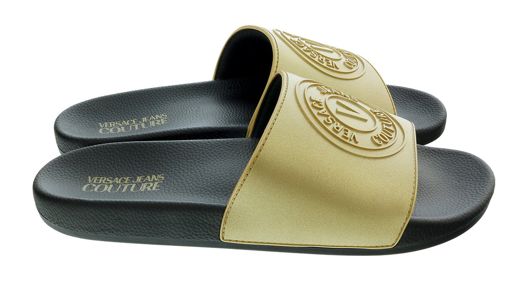 Versace Jeans Couture Gold Logo Print Wide Strap Slide-