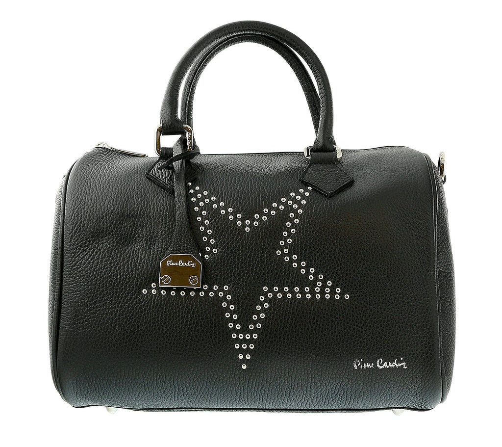 Pierre Cardin Black Leather Star Studded Medium Fashion Satchel Bag