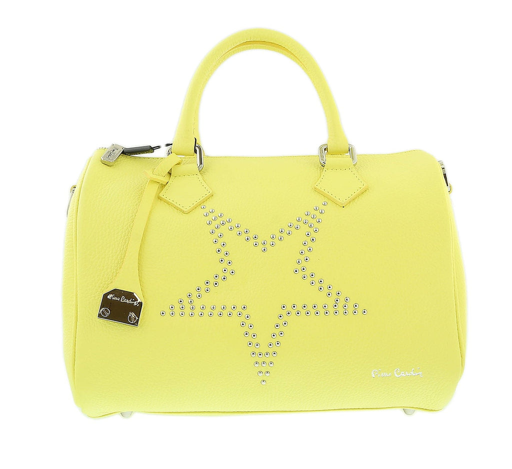 Pierre Cardin Bright Yellow Leather Star Studded Medium Fashion Satchel Bag