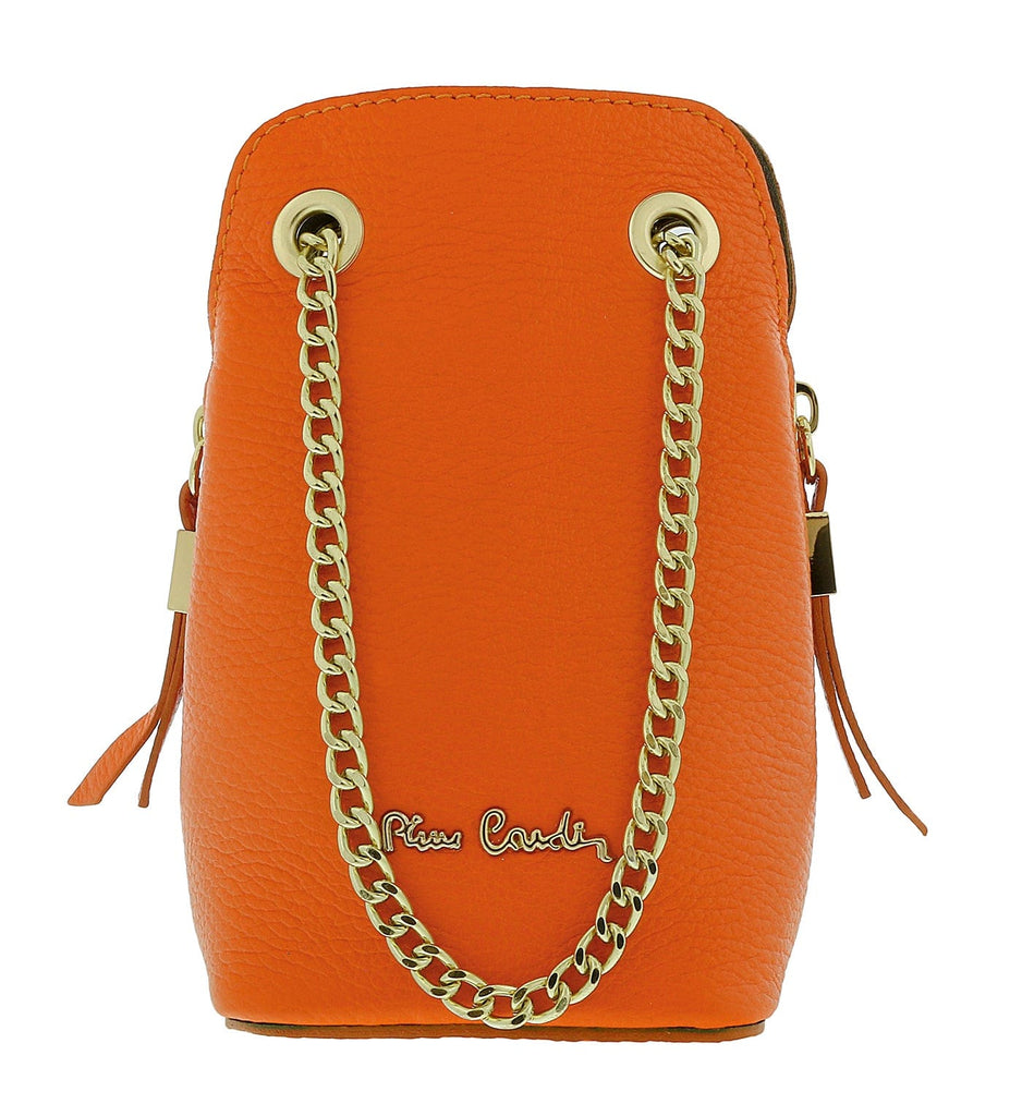 Pierre Cardin Orange Leather Curved Structured Chain Crossbody Bag