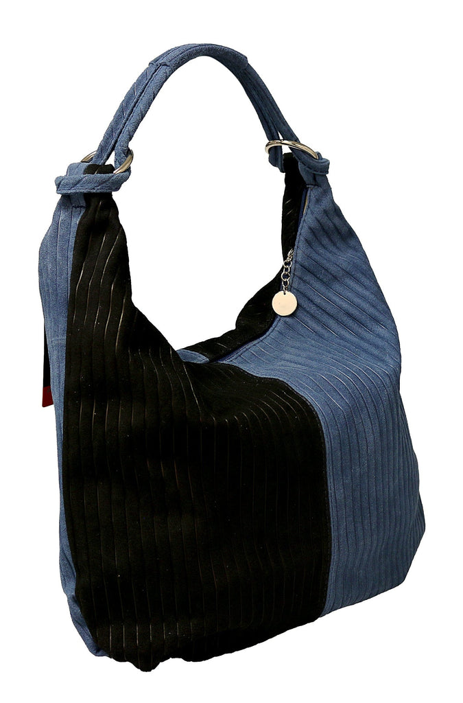 Pierre Cardin Black Blue Leather Large Hobo Relaxed Suede Shoulder Bag