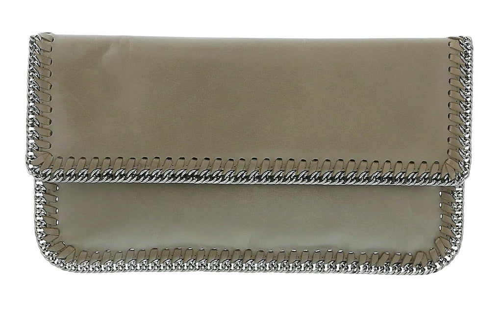 Pierre Cardin Grey Leather Medium Enveloppe Curb Chain Embelished Clutch