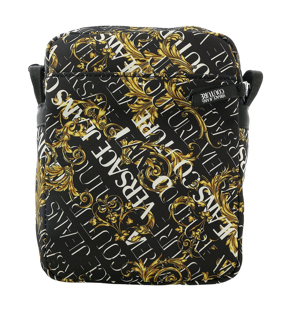 Versace Jeans Couture Black Gold Leather Baroque Brush Pattern Crossbody Bag