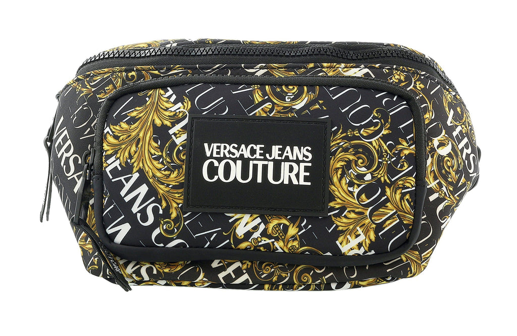 Versace Jeans Couture Black Gold Leather Baroque Brush Pattern Belt Bag/Fanny Pack