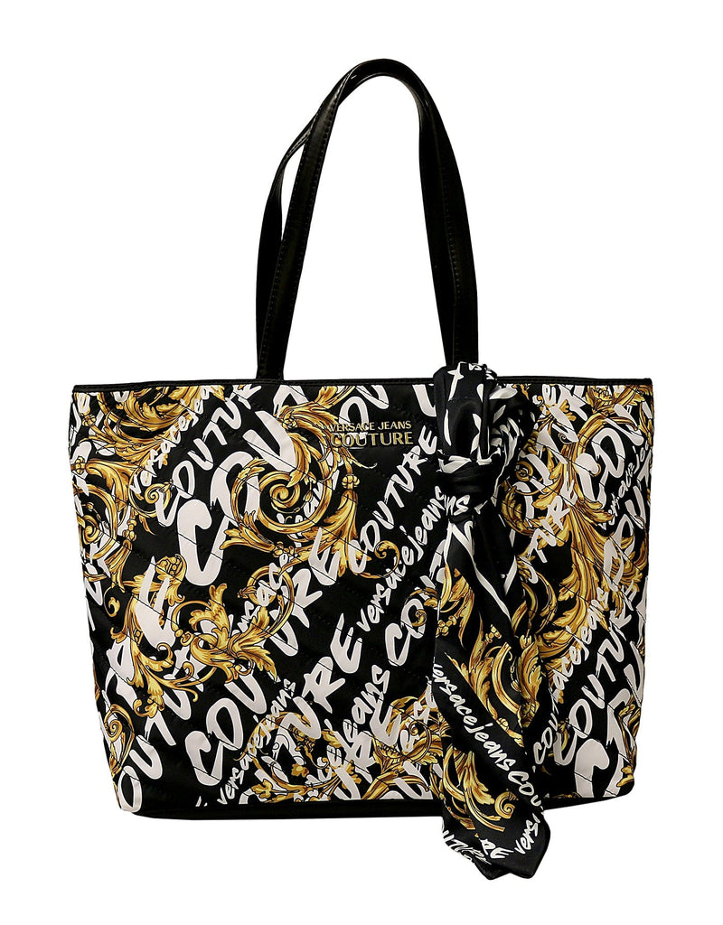 Versace Jeans Couture Black/Gold Baroque Pattern Scarf Shopper Tote Bag