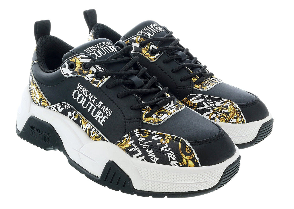 Versace Jeans Couture Black/Gold Baroque Print Trim Lace Up Sneakers-6