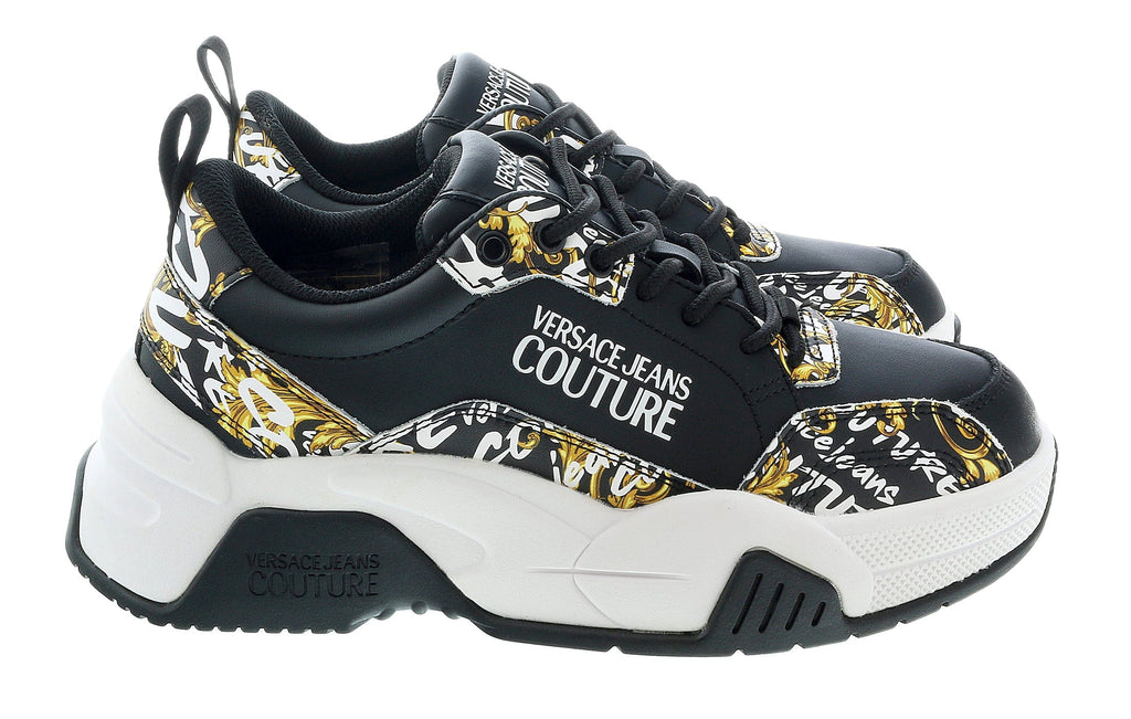 Versace Jeans Couture Black/Gold Baroque Print Trim Lace Up Sneakers-