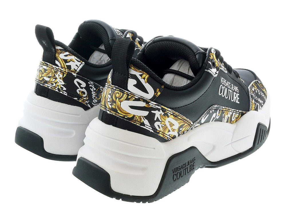 Versace Jeans Couture Black/Gold Baroque Print Trim Lace Up Sneakers-