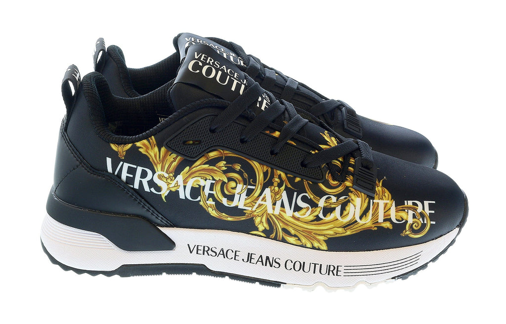 Versace Jeans Couture Black Gold Baroque Detail Lace Up Fashion Sneakers-