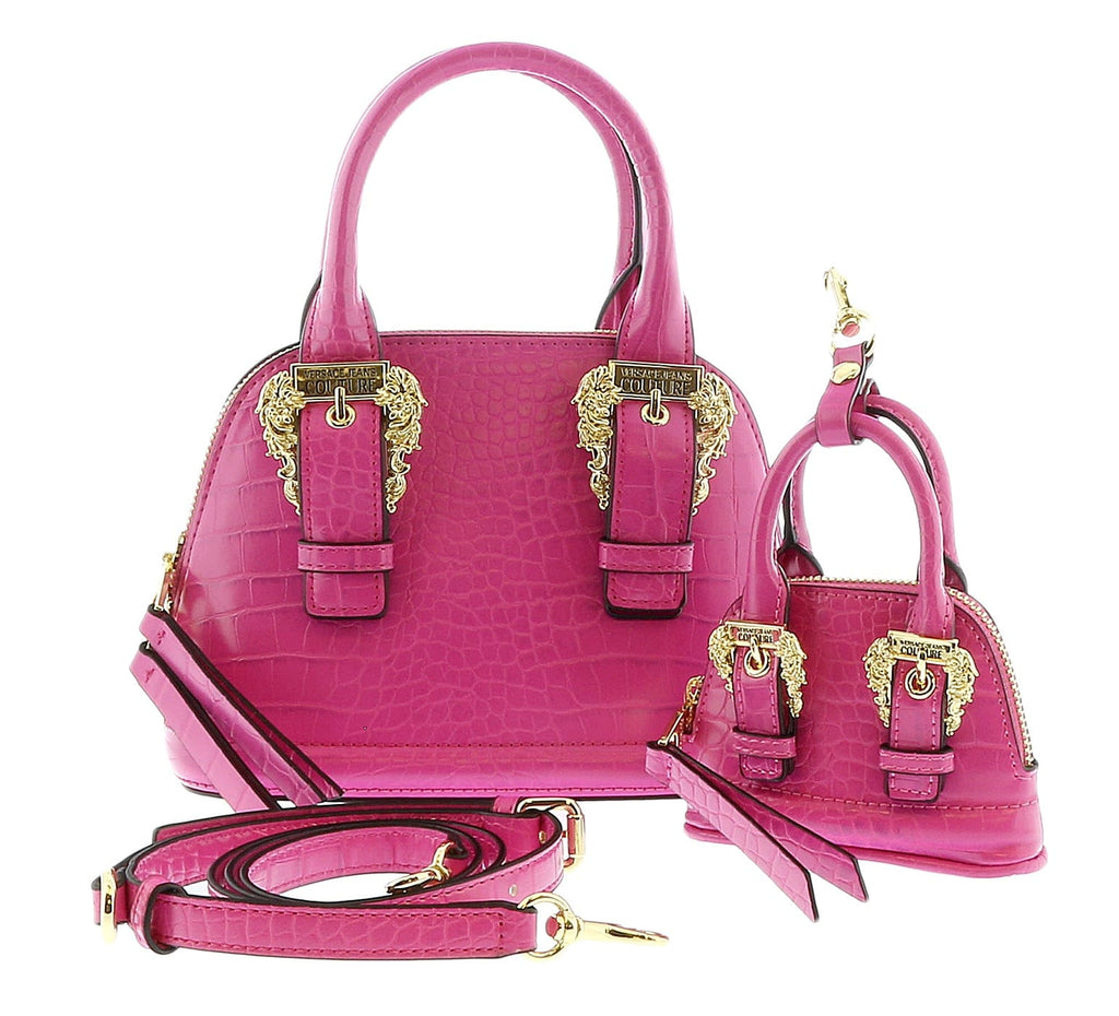 Versace Jeans Couture Fuschia Croc Embossed Baroque Buckle Dome Satchel Bag