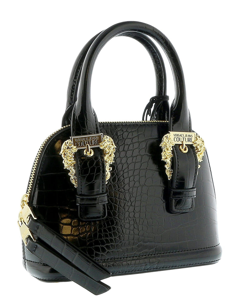 Versace Jeans Couture Black Croc Embossed Baroque Buckle Dome Satchel Bag