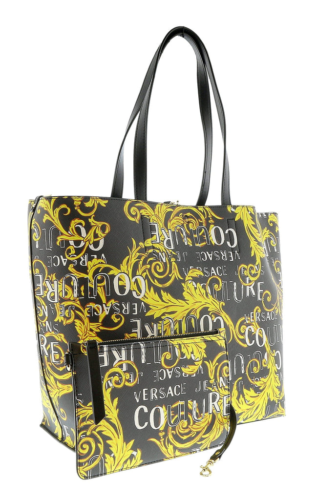 Versace Jeans Couture Black White Baroque Printed Classic Everyday Large Shopper Tote Bag