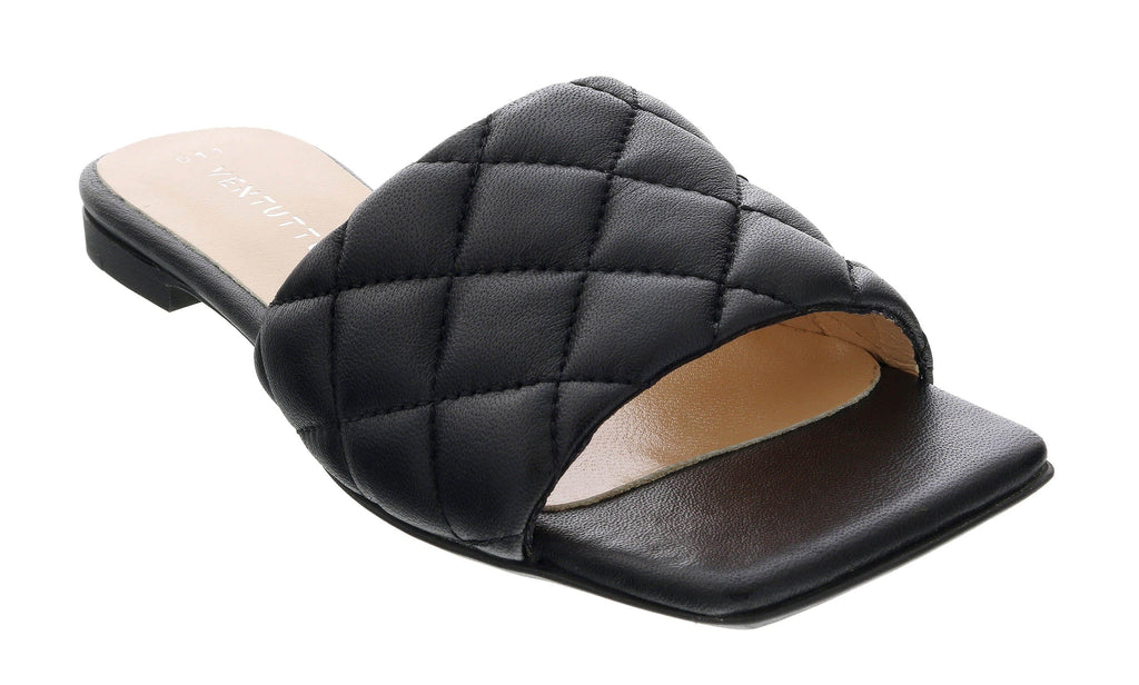 Ventutto Black Quilted Flat Slide Leather Slipper-