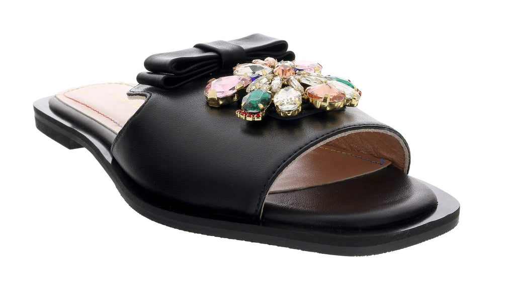 Ventutto Black Crystal Embellished Bow Flat Leather Slide-