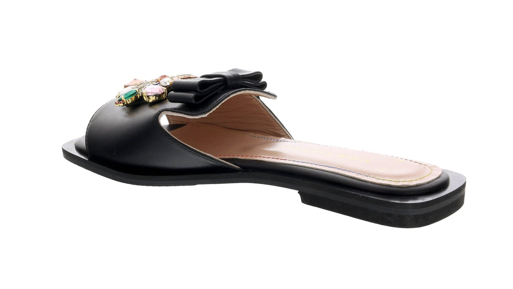 Ventutto Black Crystal Embellished Bow Flat Leather Slide-